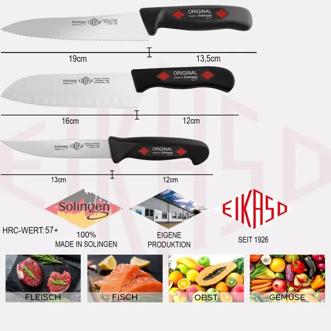 Eikaso Solingen Keukenmessenset – 3-delig – Santokumes met Kuiltjes & Universeelmessen – Zwart – Solingen