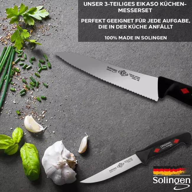 Eikaso Solingen Keukenmessenset – 3-delig – Santokumes met Kuiltjes & Universeelmessen – Zwart – Solingen