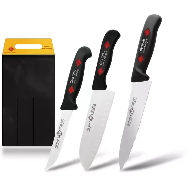 Eikaso Solingen Keukenmessenset – 3-delig – Santokumes met Kuiltjes & Universeelmessen – Zwart – Solingen