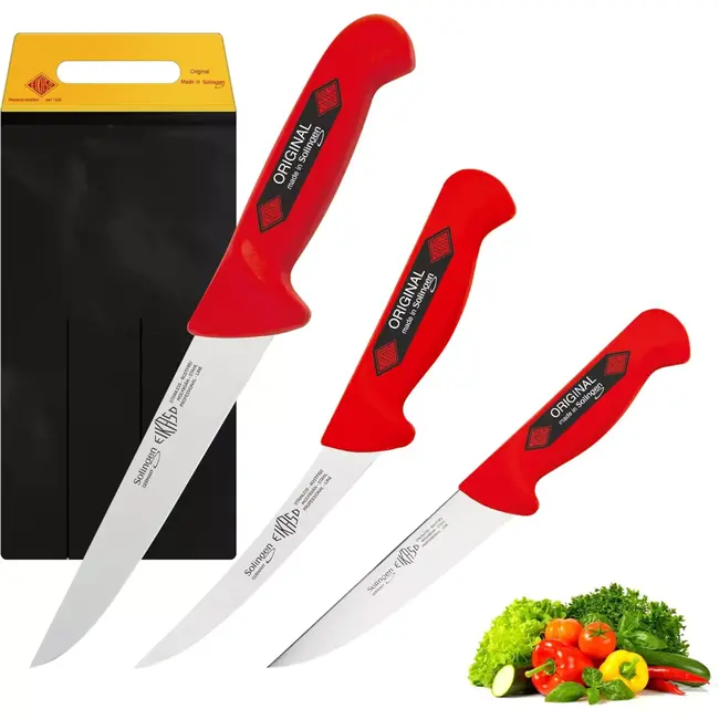 Eikaso Solingen Messenset Rood – 3-delig – Steekmessen & Gebogen Uitbeenmes – Voor Vlees & Groente – Solingen Duitsland