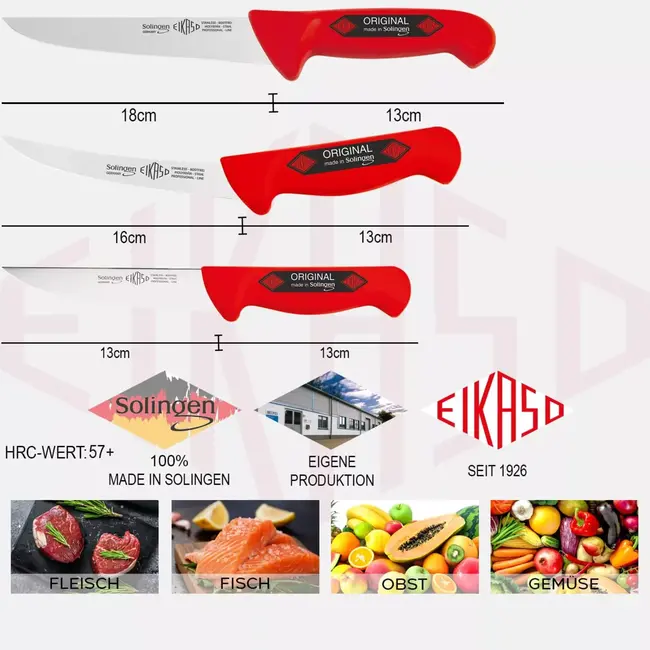 Eikaso Solingen Messenset Rood – 3-delig – Steekmessen & Gebogen Uitbeenmes – Voor Vlees & Groente – Solingen Duitsland