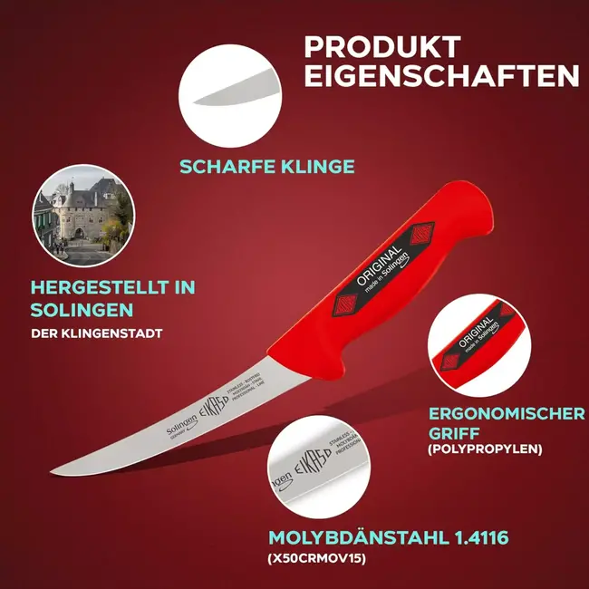 Eikaso Solingen Messenset Rood – 3-delig – Steekmessen & Gebogen Uitbeenmes – Voor Vlees & Groente – Solingen Duitsland