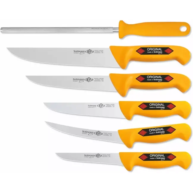 Eikaso Solingen 6-delige Slagersmessenset – Molybdeenstaal – Geel Handvat – Voor Slager, BBQ of Wild – Solingen Duitsland