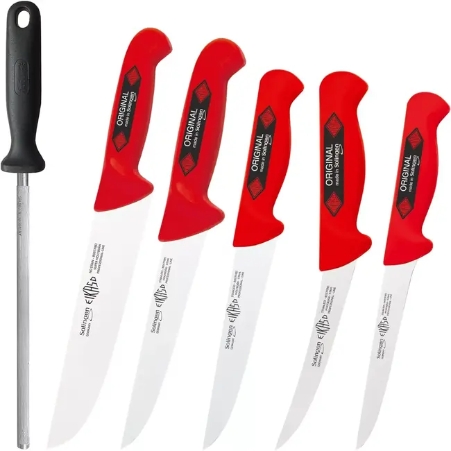 Eikaso Solingen 6-delige Slagersmessenset – Molybdeenstaal – Rood Handvat – Voor Slager, BBQ of Wild – Solingen Duitsland
