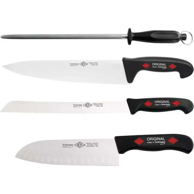 Eikaso Solingen 4-delige Messenset Zwart – Koksmes, Broodmes, Santokumes & Aanzetstaal – Solingen