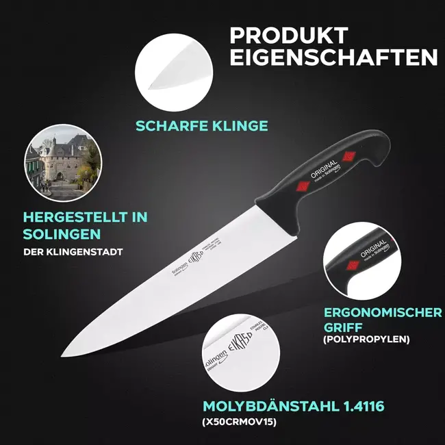 Eikaso Solingen 4-delige Messenset Zwart – Koksmes, Broodmes, Santokumes & Aanzetstaal – Solingen