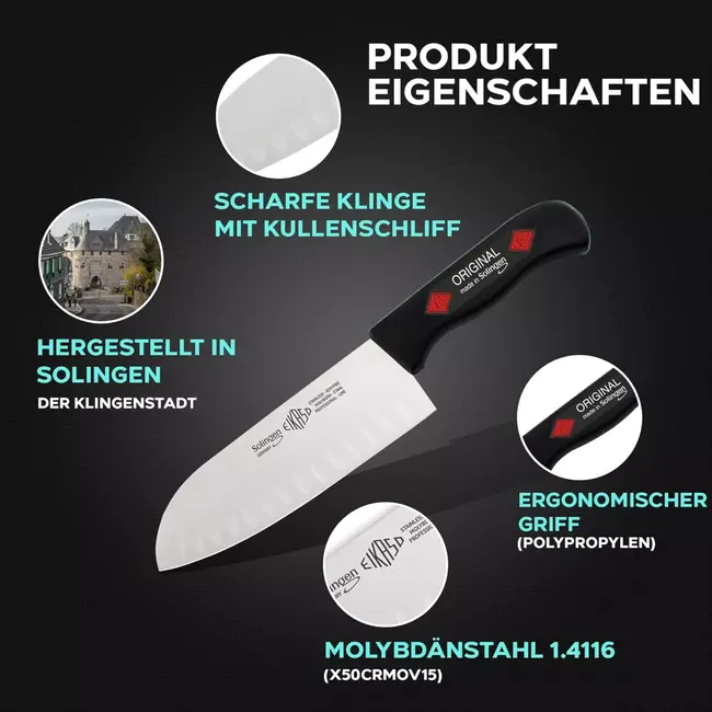 Eikaso Solingen 4-delige Messenset – Uitbeenmes, Santokumes, Broodmes & Koksmes – Zwart Handvat – Solingen