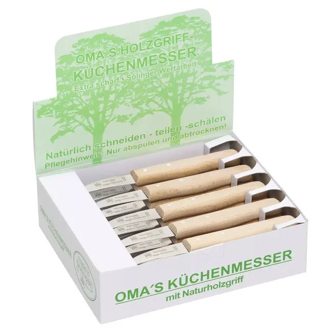 RÖR Solingen Schilmesje Krom Hout – RVS – Oma's Keukenmesje – 20 stuks in verkoopdisplay