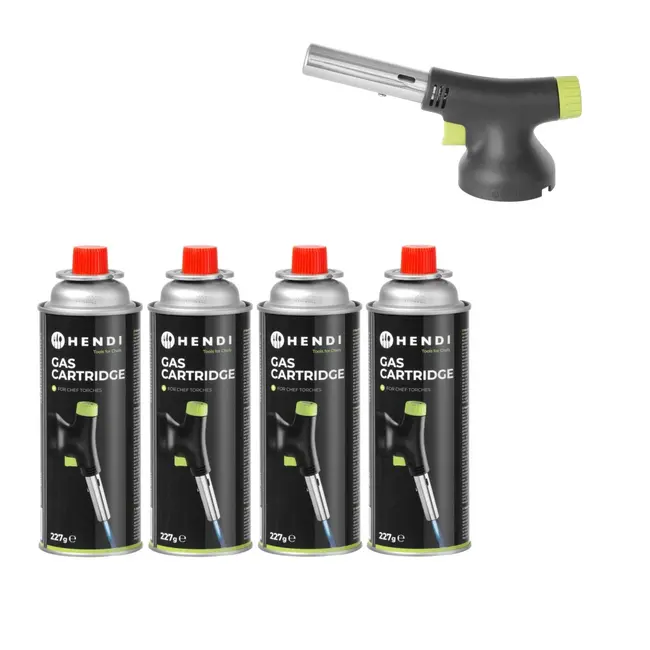 HENDI Koksbrander – ergonomisch ontwerp – piëzo-ontsteking – nauwkeurige vlamcontrole – + 4 Butaan Gasflesjes