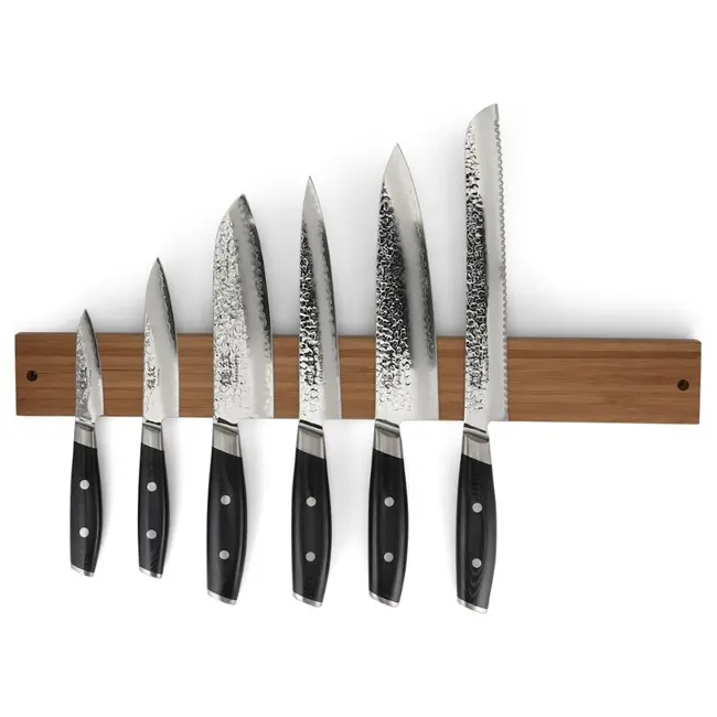 Yaxell Tsuchimon Messenset – 7-delig – Magnetische Messenstrip Walnoot met 6 Messen – 3 Lagen Damaststaal – VG-10 Staal – Canvas-Micarta Heft