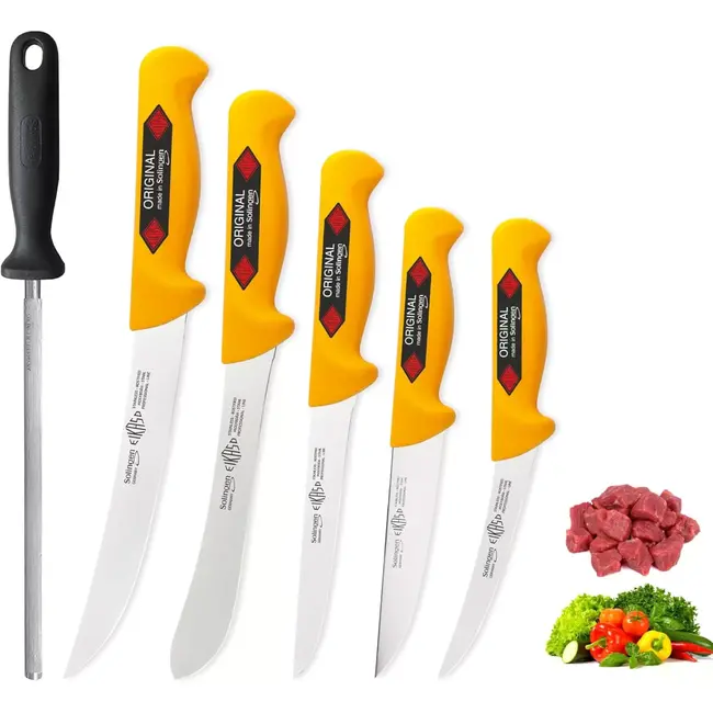 Eikaso Solingen Professionele Messenset Geel – 6-Delig – Inclusief Aanzetstaal – Molybdeenstaal – Gemaakt in Solingen