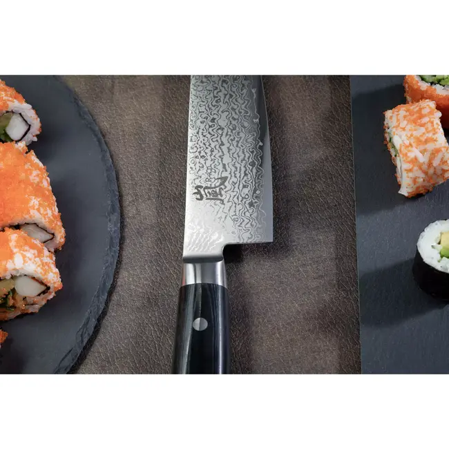Yaxell Ran Santoku Koksmes 16,5 cm – 69 Lagen Damaststaal – VG10 Staal – 61 HRC – Canvas-Micarta Heft