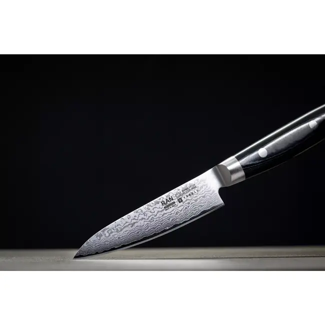 Yaxell Ran Universeelmes 12 cm – 69 Lagen Damaststaal – VG10 Staal – 61 HRC – Canvas-Micarta Heft