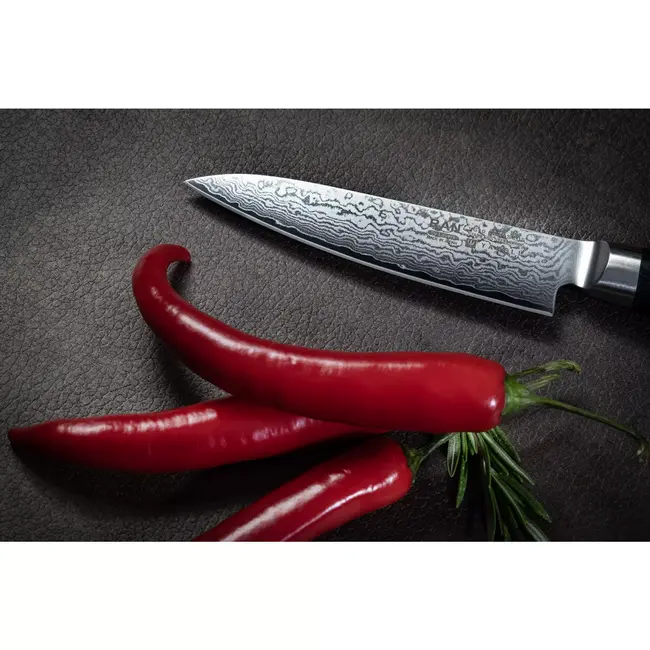 Yaxell Ran Universeelmes 12 cm – 69 Lagen Damaststaal – VG10 Staal – 61 HRC – Canvas-Micarta Heft