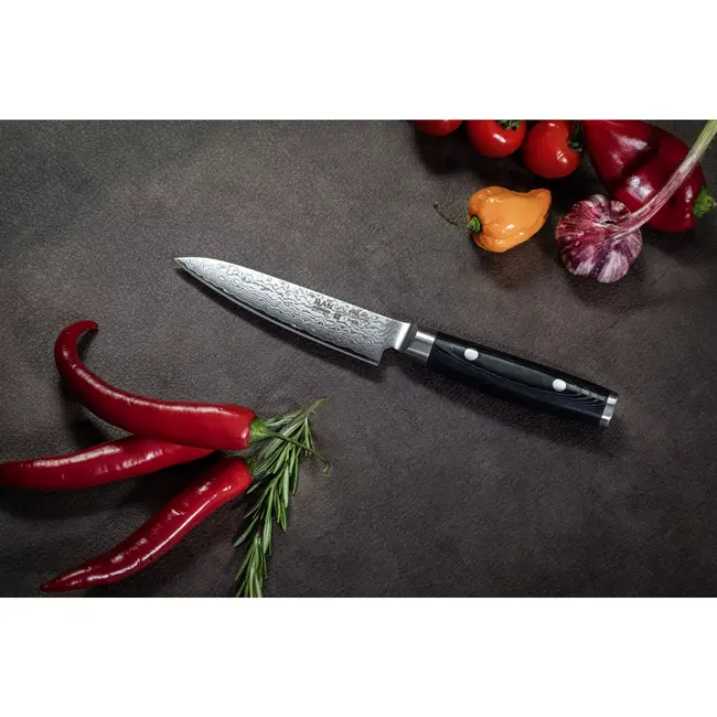 Yaxell Ran Universeelmes 12 cm – 69 Lagen Damaststaal – VG10 Staal – 61 HRC – Canvas-Micarta Heft