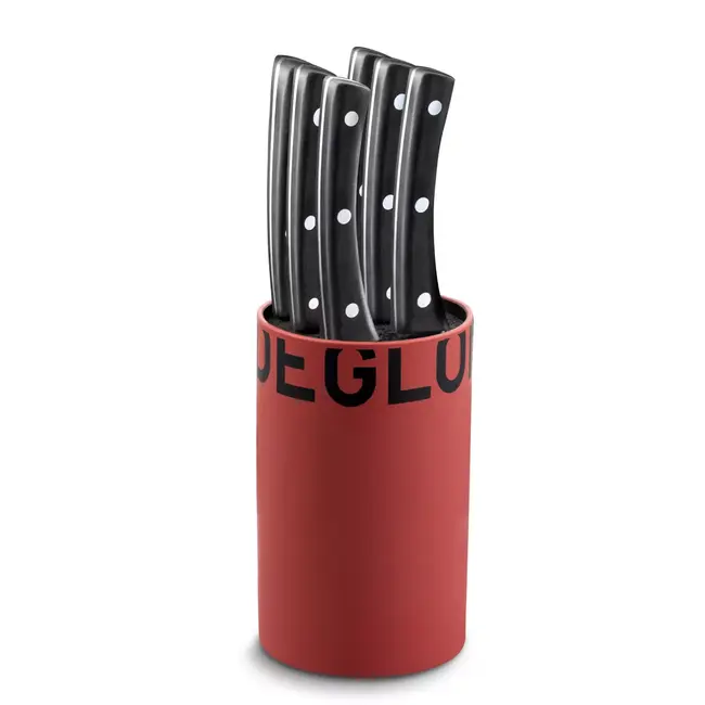 Déglon Rood messenblok met 6 gekartelde steakmessen – stijlvol en flexibel opbergsysteem