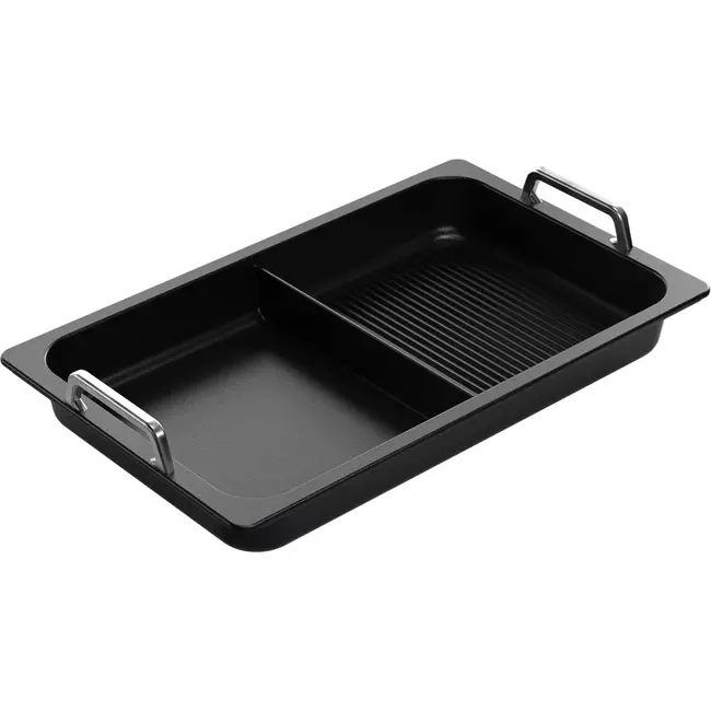AMT Gastroguss Gastronorm bak GN 1/1 hoogte 5,5 cm met handgrepen met grilloppervlak met scheidingsvak LOTAN® antiaanbaklaag geschikt voor alle warmtebronnen incl. inductie