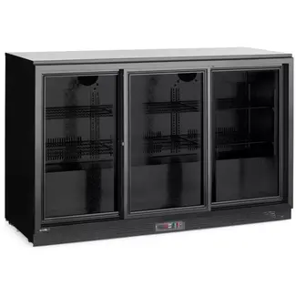 HENDI Barkoelkast - staal met poedercoating en gehard glas - drie schuifdeuren, geventileerde koeling en slot - 135x52x86,5 cm - zwart - horeca, 308 liter