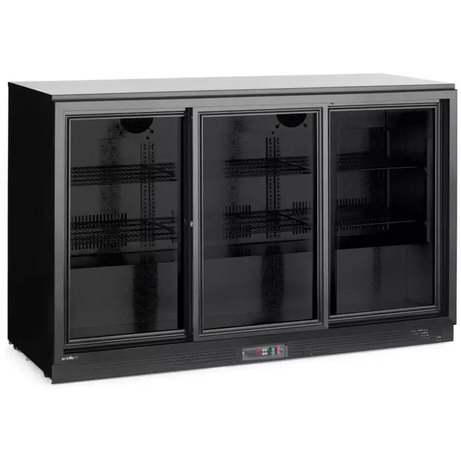 HENDI Barkoelkast - staal met poedercoating en gehard glas - drie schuifdeuren, geventileerde koeling en slot - 135x52x86,5 cm - zwart - horeca, 308 liter