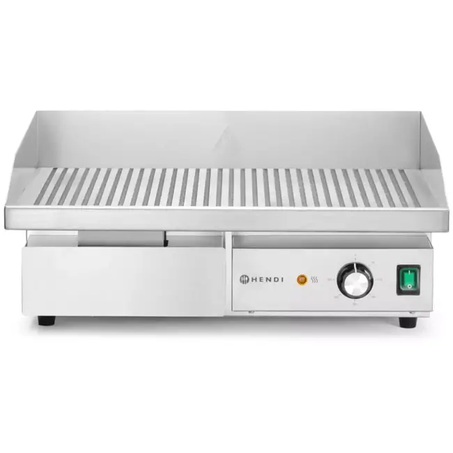 HENDI Elektrische grillplaat geribbeld - roestvast en gehard staal - met vetlade en spatranden - 55 x 43 x 24 cm, plaat 54,8 x 35 cm - zilverkleurig - horeca