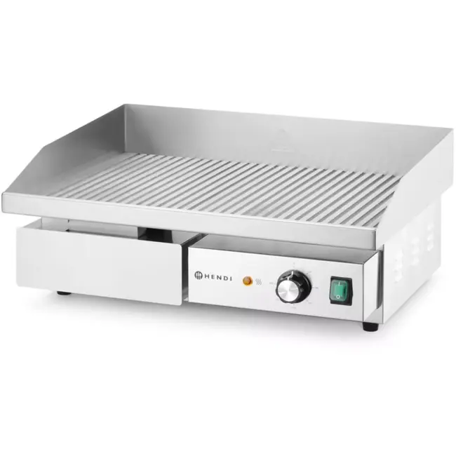 HENDI Elektrische grillplaat geribbeld - roestvast en gehard staal - met vetlade en spatranden - 55 x 43 x 24 cm, plaat 54,8 x 35 cm - zilverkleurig - horeca