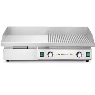 HENDI Elektrische bakplaat half vlak half geribbeld - plaat gehard staal 10 mm - 720x460x241 mm - rvs zilver - 2 zones, spatranden en vetlade - horeca