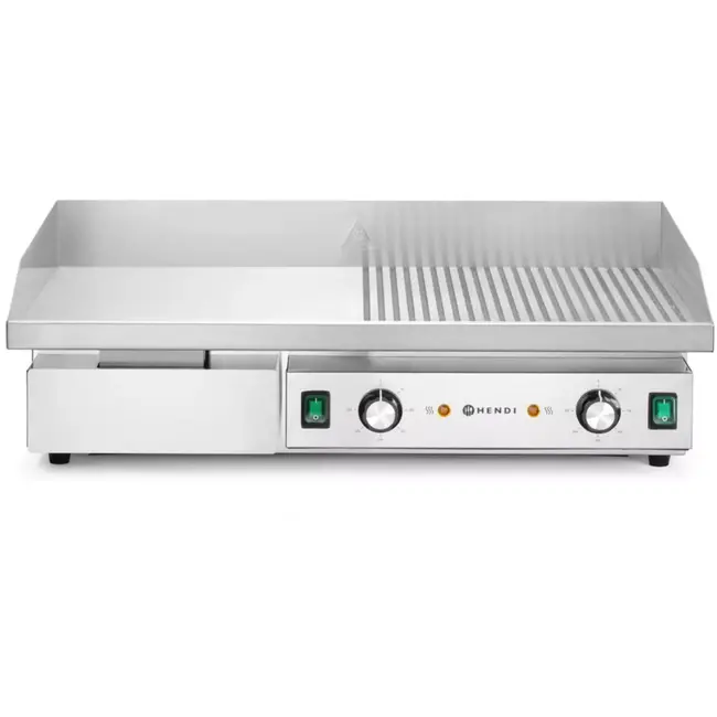 HENDI Elektrische bakplaat half vlak half geribbeld - plaat gehard staal 10 mm - 720x460x241 mm - rvs zilver - 2 zones, spatranden en vetlade - horeca