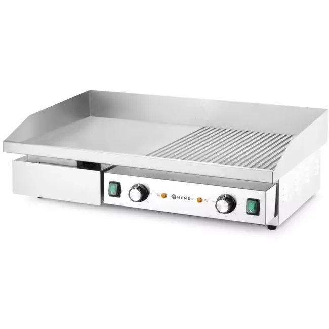 HENDI Elektrische bakplaat half vlak half geribbeld - plaat gehard staal 10 mm - 720x460x241 mm - rvs zilver - 2 zones, spatranden en vetlade - horeca