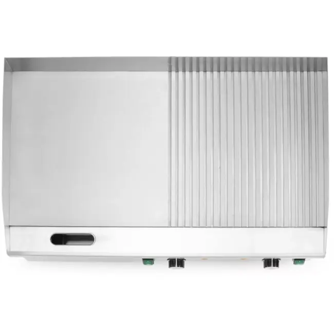 HENDI Elektrische bakplaat half vlak half geribbeld - plaat gehard staal 10 mm - 720x460x241 mm - rvs zilver - 2 zones, spatranden en vetlade - horeca