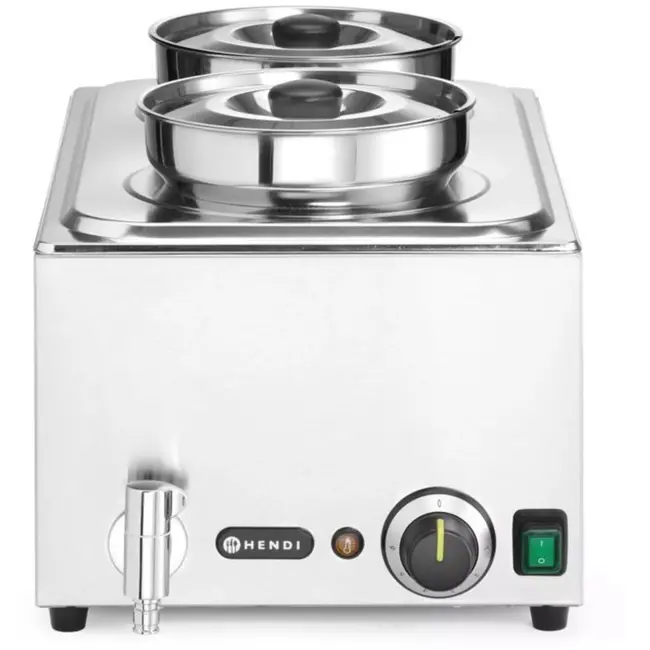 HENDI Bain-marie warmhoudbad tafelmodel - roestvast staal - warmhouden en waterbadverwarmen - 60,4x33,2x31,5 cm - zilver - 2 ronde bakken 4 liter met deksel - horeca