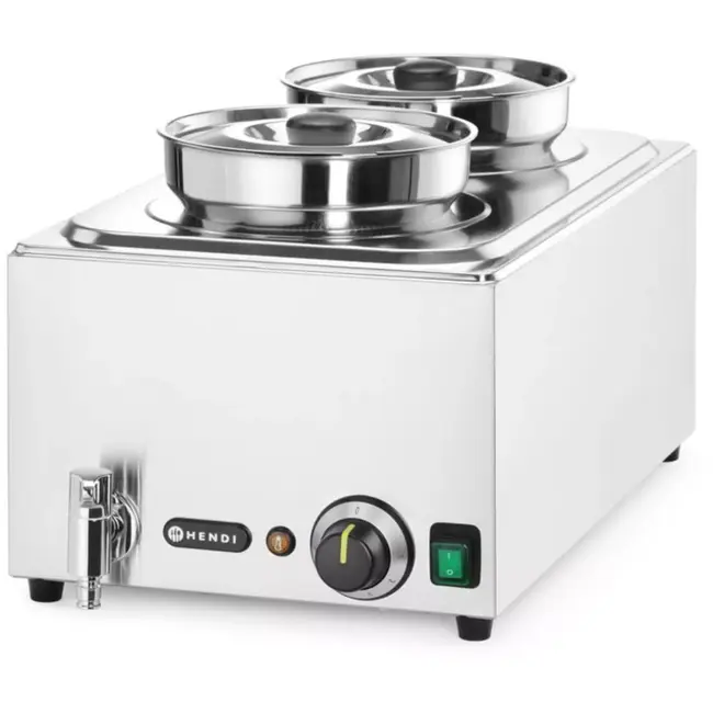 HENDI Bain-marie warmhoudbad tafelmodel - roestvast staal - warmhouden en waterbadverwarmen - 60,4x33,2x31,5 cm - zilver - 2 ronde bakken 4 liter met deksel - horeca
