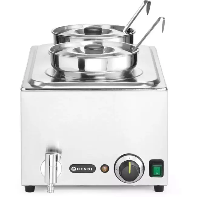 HENDI Bain-marie warmhoudbad tafelmodel - roestvast staal - warmhouden en waterbadverwarmen - 60,4x33,2x31,5 cm - zilver - 2 ronde bakken 4 liter met deksel - horeca
