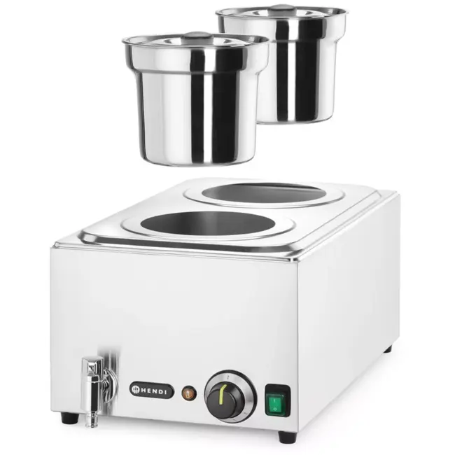 HENDI Bain-marie warmhoudbad tafelmodel - roestvast staal - warmhouden en waterbadverwarmen - 60,4x33,2x31,5 cm - zilver - 2 ronde bakken 4 liter met deksel - horeca