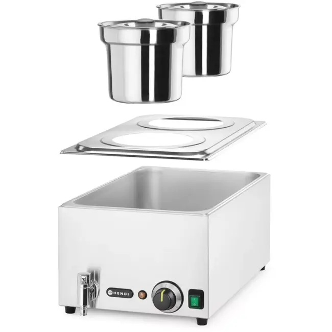 HENDI Bain-marie warmhoudbad tafelmodel - roestvast staal - warmhouden en waterbadverwarmen - 60,4x33,2x31,5 cm - zilver - 2 ronde bakken 4 liter met deksel - horeca