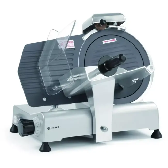 HENDI professionele snijmachine voor vlees en kaas - aluminium en roestvast staal - mes 25 cm - 49,4x40,2x39,8 cm - zilvergrijs - met slijper, snijdikte 0-8 mm