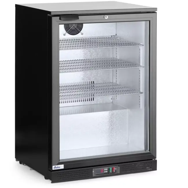 HENDI achterbar drankkoelkast enkele deur - staal met poedercoating en gehard glas - 60x53x86,5 cm - zwart - 105 liter - met slot - geventileerde koeling voor horeca