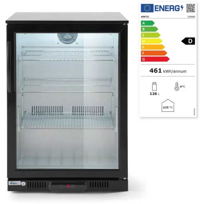 HENDI achterbar drankkoelkast enkele deur - staal met poedercoating en gehard glas - 60x53x86,5 cm - zwart - 105 liter - met slot - geventileerde koeling voor horeca