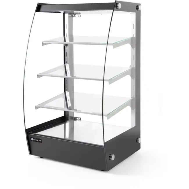 HENDI Open toonbankvitrine - roestvast staal en gehard glas - 3 verstelbare glazen schappen - 75 liter - 41,5x39x71,6 cm - zwart - zelfbediening in winkel