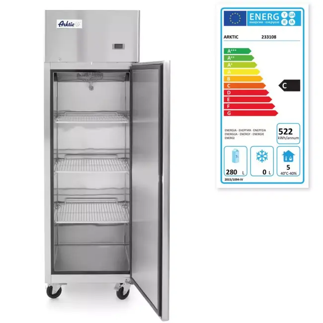 HENDI enkeldeurs koelkast - rvs - 410 liter - 600x740x1950 mm - zilver - geforceerde luchtkoeling en automatisch ontdooien - op wielen - horeca - GN 1/1 schappen