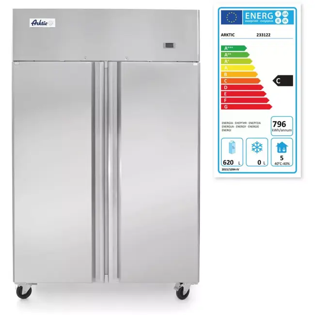 HENDI Horecakoelkast 2-deurs 900 liter - roestvast staal - 1200x740x(H)1950 mm - zilverkleurig - geforceerde luchtkoeling, automatische ontdooiing - op wielen