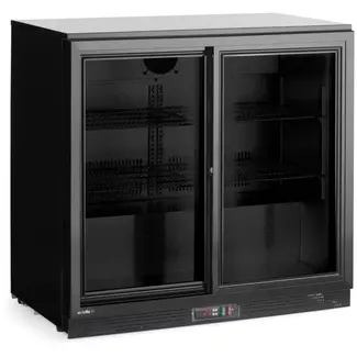 HENDI Achterbar koelkast - staal met poedercoating en gehard glas - dubbelglas schuifdeuren, slot en geventileerde koeling - 90x52x87 cm - zwart - 158 liter - horeca