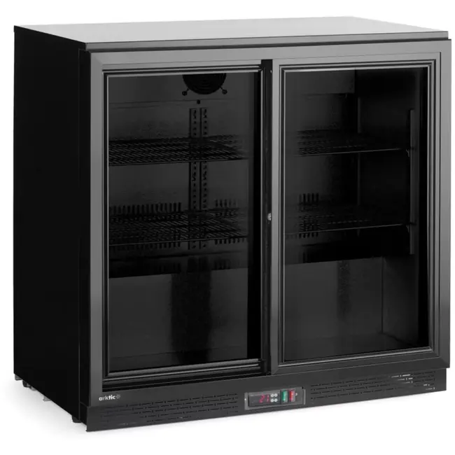 HENDI Achterbar koelkast - staal met poedercoating en gehard glas - dubbelglas schuifdeuren, slot en geventileerde koeling - 90x52x87 cm - zwart - 158 liter - horeca