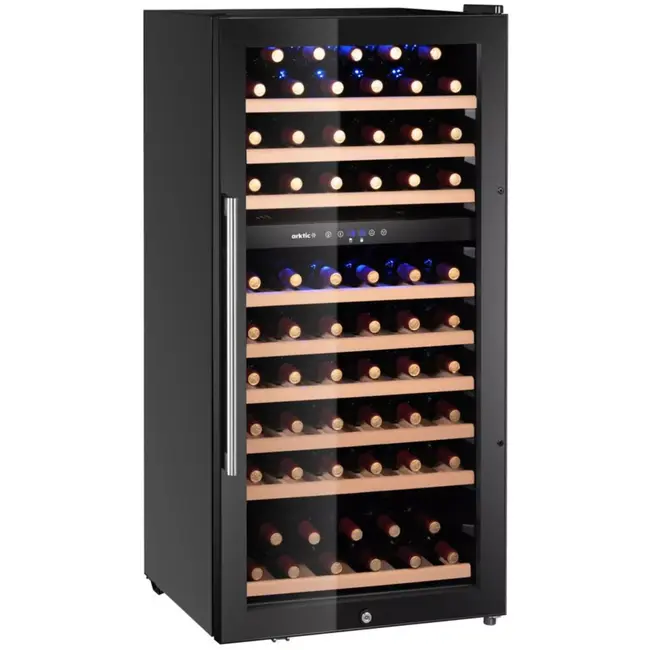 Arktic Wijnklimaatkast 2 temperatuurzones - staal met gehard glas - 569x595x1215 mm - zwart - 230 liter, 91 flessen - inbouw of vrijstaand