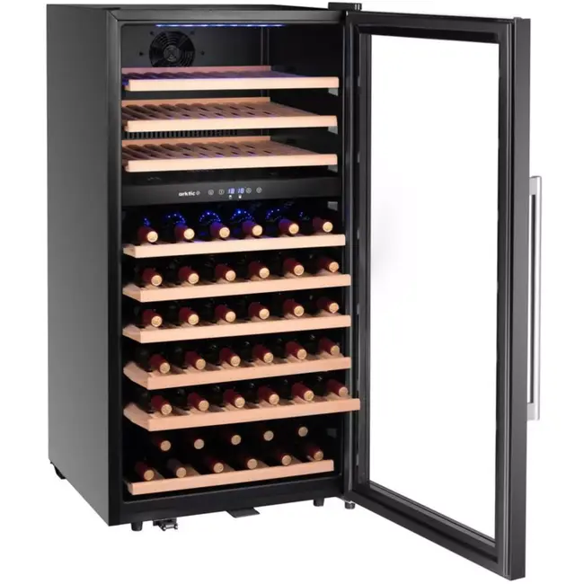 Arktic Wijnklimaatkast 2 temperatuurzones - staal met gehard glas - 569x595x1215 mm - zwart - 230 liter, 91 flessen - inbouw of vrijstaand