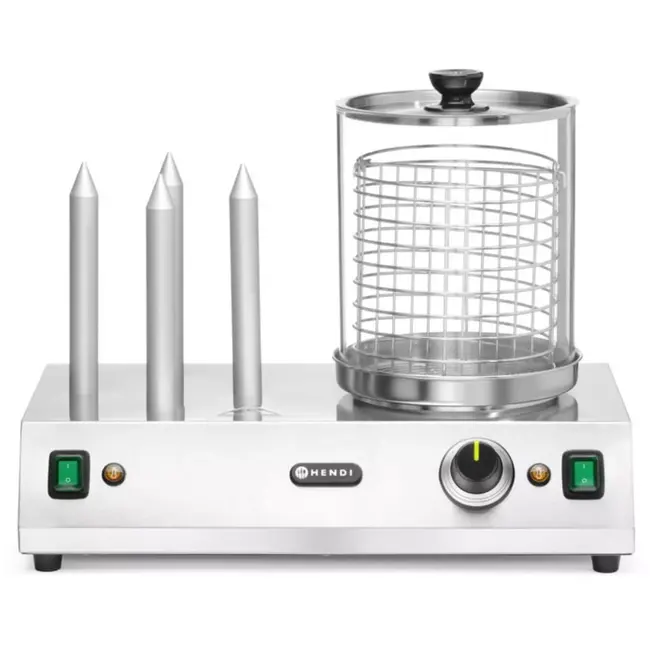 HENDI Worsten- en broodjesverwarmer - roestvast staal en glas - glazen cilinder, 4 verwarmingsstaven - 50x31x39,5 cm - zilver en transparant - voor worstjes tot 24 cm
