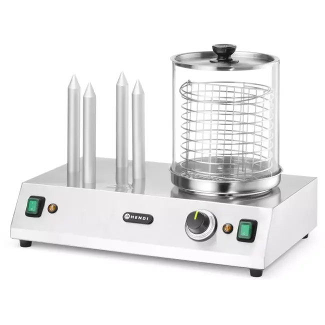 HENDI Worsten- en broodjesverwarmer - roestvast staal en glas - glazen cilinder, 4 verwarmingsstaven - 50x31x39,5 cm - zilver en transparant - voor worstjes tot 24 cm