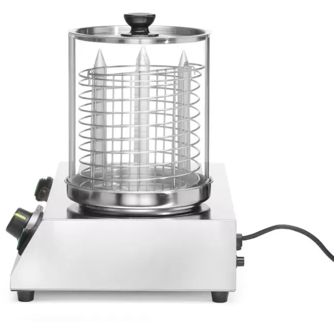 HENDI Worsten- en broodjesverwarmer - roestvast staal en glas - glazen cilinder, 4 verwarmingsstaven - 50x31x39,5 cm - zilver en transparant - voor worstjes tot 24 cm