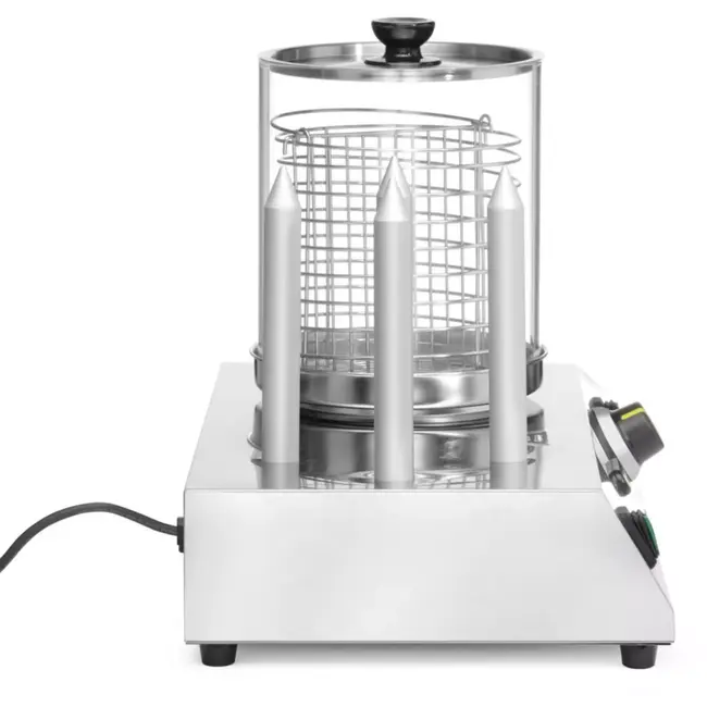 HENDI Worsten- en broodjesverwarmer - roestvast staal en glas - glazen cilinder, 4 verwarmingsstaven - 50x31x39,5 cm - zilver en transparant - voor worstjes tot 24 cm