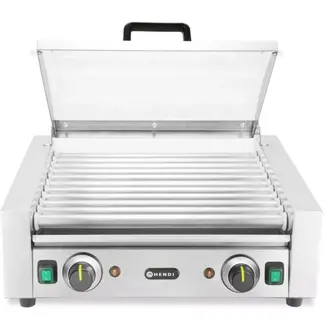 HENDI worstrolgrill rvs, rollengte 45 cm, energiezuinig glazen deksel, 2 zones, horeca, zilver