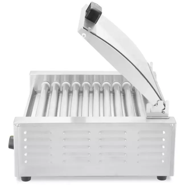 HENDI worstrolgrill rvs, rollengte 45 cm, energiezuinig glazen deksel, 2 zones, horeca, zilver